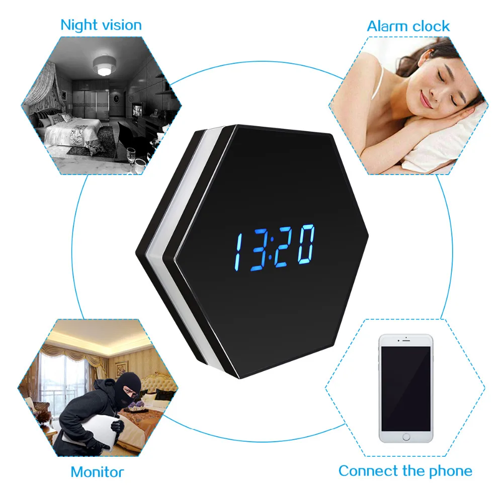

Mini Camera Clock HD 1080P WiFi Camcorder Smart Mirror Clock with Night Vision Two-Way Audio Motion Detection Colorful LED light
