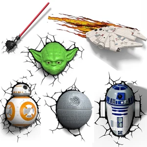 Star Wars Light Novelty 3D Wall Lamp Decor Light Death Star Master Yoda BB-8 R2D2 Darth Vader's Lightsaber Cordless Battery Operated