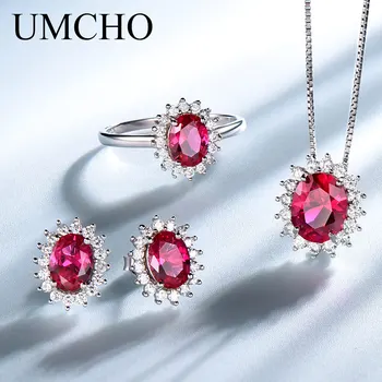 

UMCHO 925 Sterling Silver Nano Gemstone Jewelry Sets for Women Red Roses Rings Necklace Earrings Sets Romantic Engagement Gift