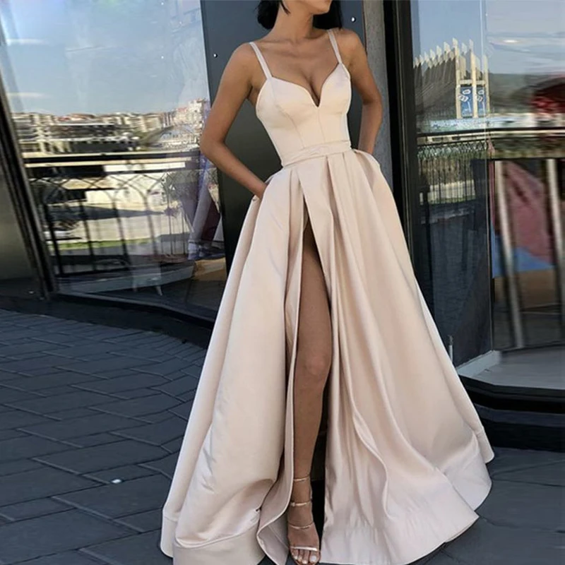 

Custom Made A Line Royal Blue Spaghetti Straps Sweetheart Prom Dress with High Slit Satin Long Evening Gown