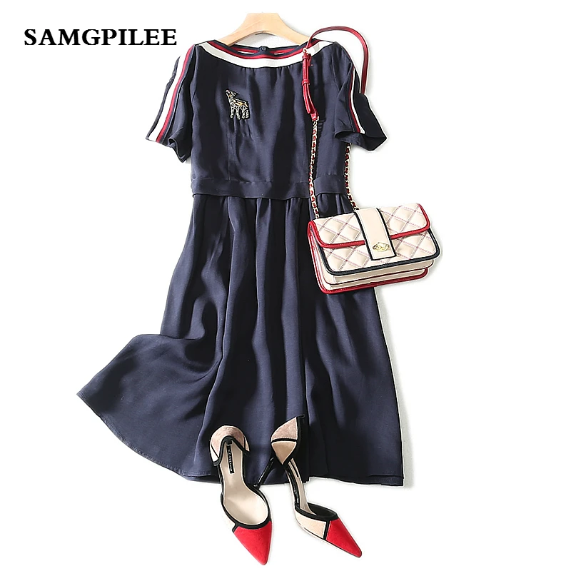 

2019 Sale New A-line Striped Short Sleeve Appliques Knee-length Fashion Natural Slash Neck Summer Women Dress L-3xl