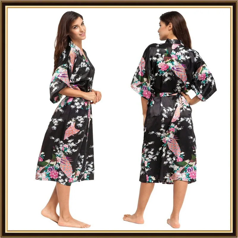 Атласная шелковая женская ночная сорочка с v-образным вырезом в японском стиле юката длинное платье гладкое летнее пижама с принтом павлина ночная рубашка кимоно