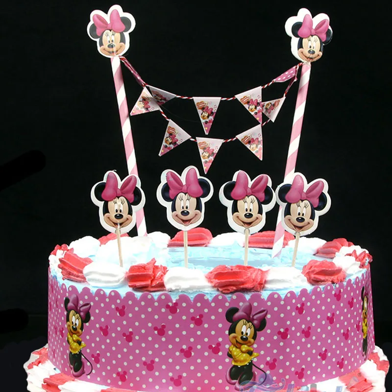 6 шт./компл. милое розовое платье с Микки Маусом и Минни Маус комплект Пираты Карибского моря Мышь кекс фигурки жениха и невесты; флаг обертка для детей для маленьких мальчиков и девочек день рождения торт украшения