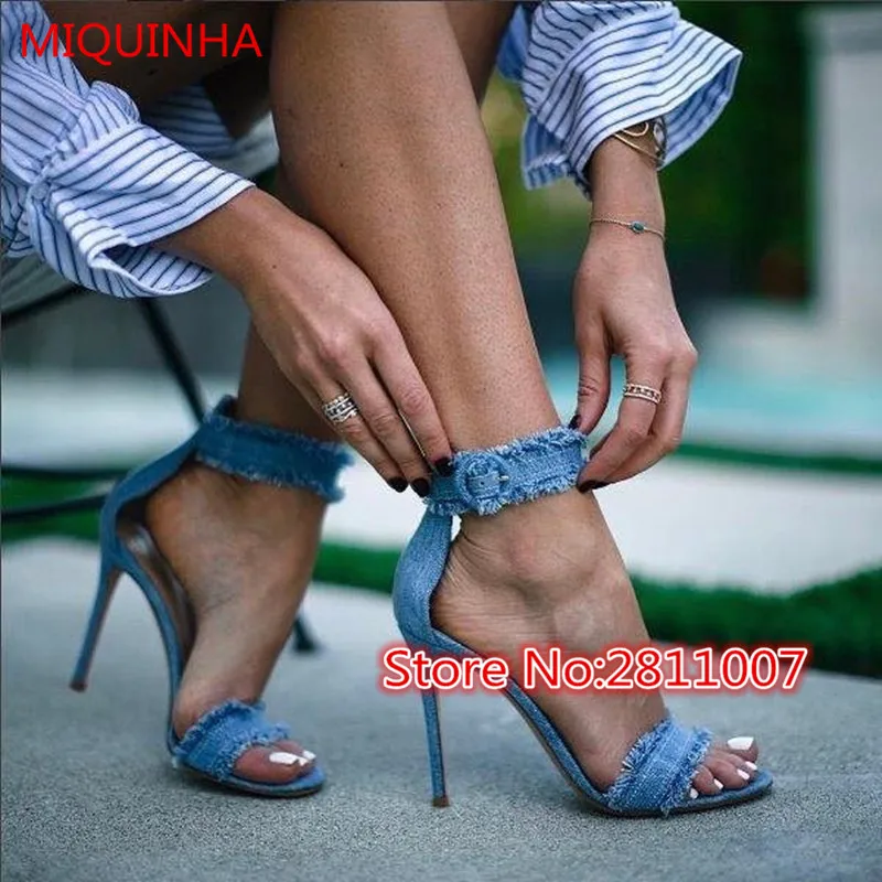 

New Fashion Blue Denim Leather Frayed Fringed Women Sandals Ankle Strap Buckle Open Toe Stiletto High Heel Dress Party Shoes
