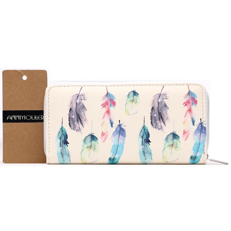 Annmouler Для женщин PU кожаный кошелек длинный Размеры молнии бумажник многоцветной Цветочный принт клатч Мода Большой Ёмкость портмоне