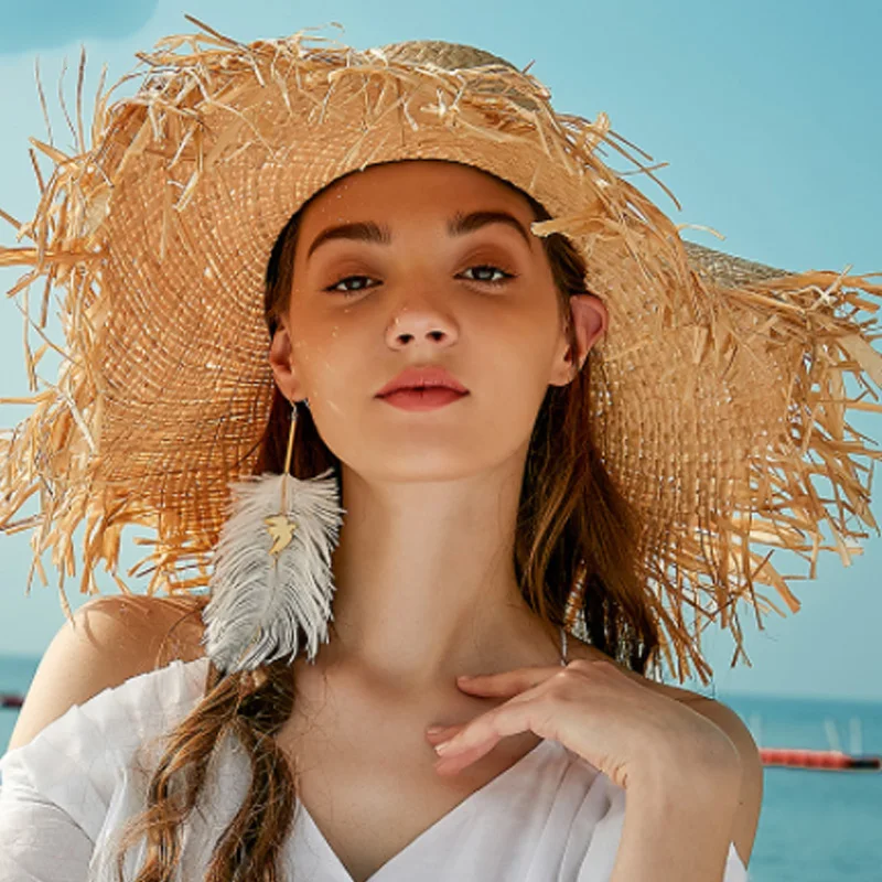 Шляпы от солнца для женщин пляжные кепки Sombreros широкий пляжный навес боковая крышка флоппи Женские соломенные из пальмового волокна шляпа