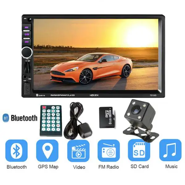 

7018G 2 Din 7 inchHD Touch Screen Car Radio Multimedia MP5 Player GPS Navigation with Camera and Maps Bluetooth Audio Stereo