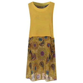 

Women Sleeveless Boho Floral Long Sets Ladies Summer Sundress Holiday Ladies Cotton and Linen Vintage Printing Tops Dresses