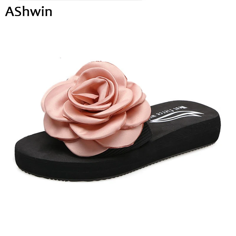 

AShwin casual flat sandals women rose flower slippers handmade holidays beach shoes mules clogs slip on slippers sandal lady