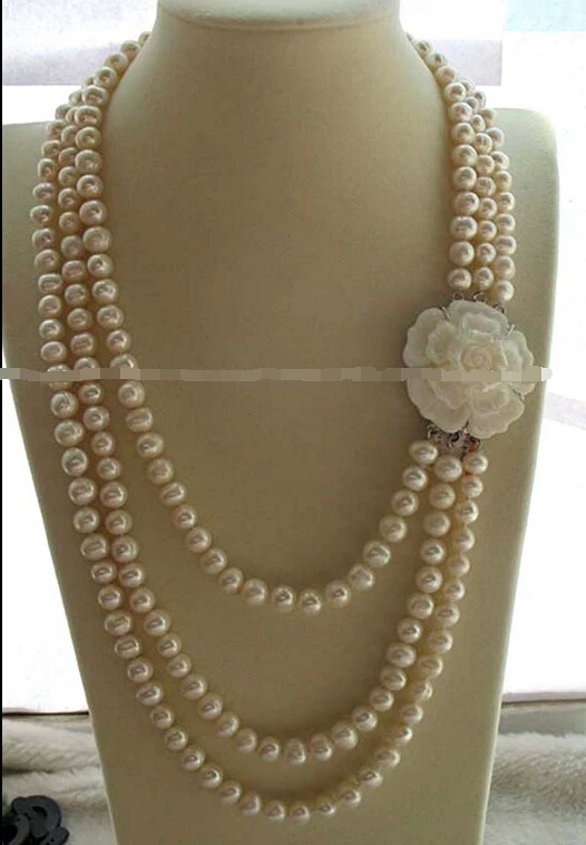 

Free shipping >>>>>wholesale 3rows freshwater pearl white near round 8-9mm necklace 22-27" nature