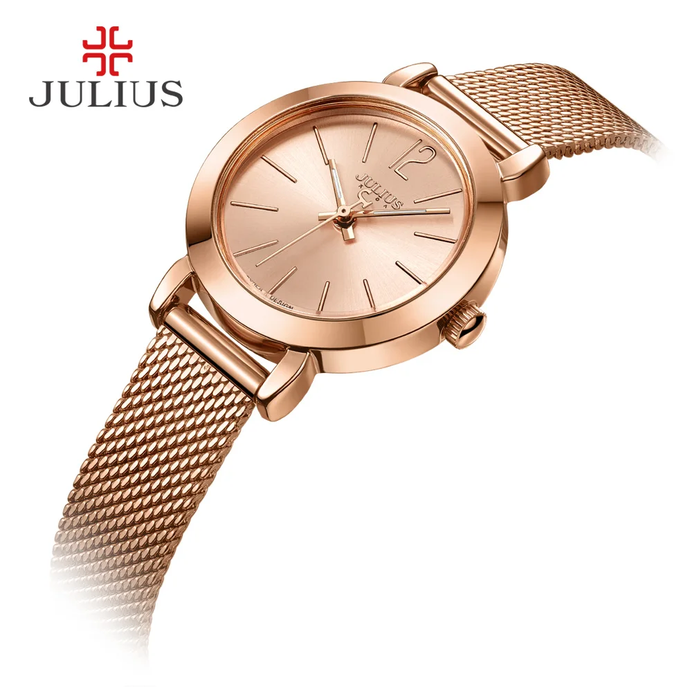 

JULIUS JA-732 Female Women's Silver Rose Gold Tone Mesh Stainless Steel Quartz Analog Waterproof Fashion Watch Casual Wristwatch