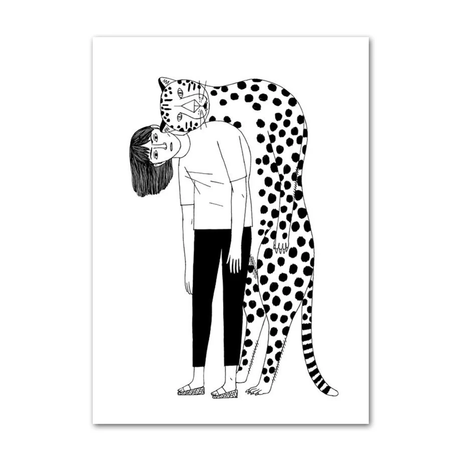 AFFLATUS Leopard Girl скандинавский плакат настенный художественный холст живопись Черно-белые плакаты и принты настенные картины для декора гостиной