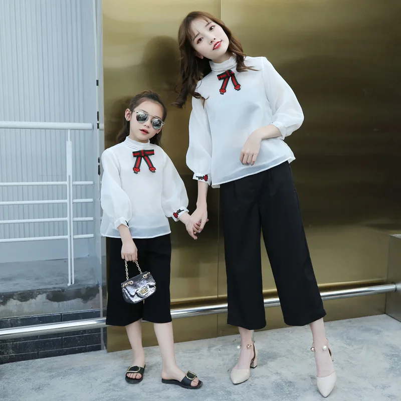 

spring autumn family look stand collar bowknot flowers three quarter shirts loose elastic trousers mother daughter fashion sets