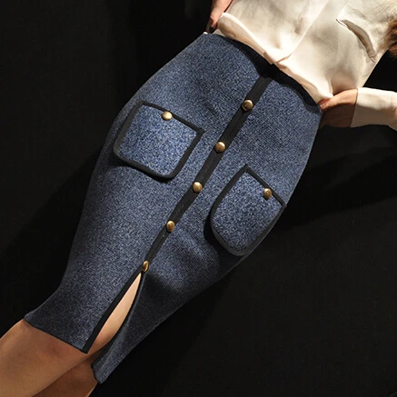 

2016 Autumn High Waist Knit Pencil Skirt Women Slim Hips Button Skirt