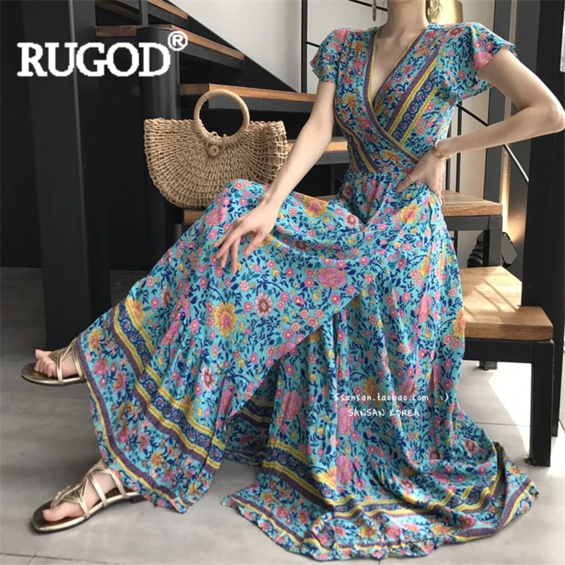 Женское платье с цветочным узором RUGOD длинное облегающее треугольным вырезом и