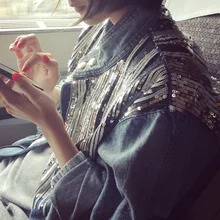 Новинка года, Весенняя мода, блестки, ковбойские свободные блестки, джинсовое пальто, Женская осенне-зимняя синяя винтажная куртка с длинными рукавами, верхняя одежда