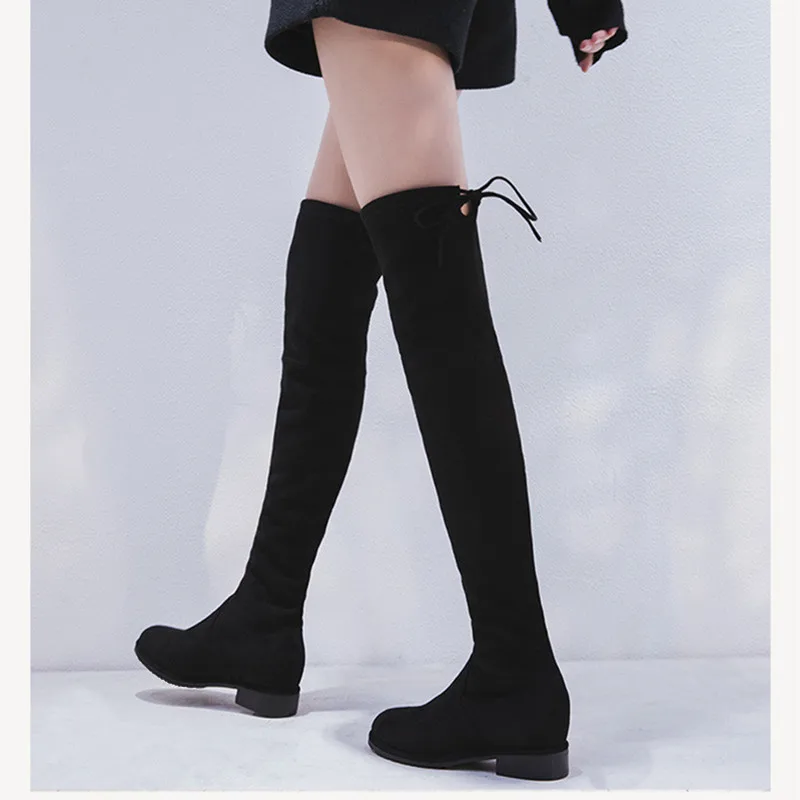 Skup KATELVADI rozmiar 34 43 buty za kolano kobiety okrągłe Toe kwadratowe niskie obcasy czarne stado kobiety zakolanówki buty śniegowce zimowe K 196
