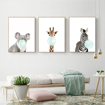 

Cute Blue Bubble Gum Animal Zebra Giraffe Koala Kangaroo Canvas Art Abstract Painting Print Poster Picture Wall Home Decoration