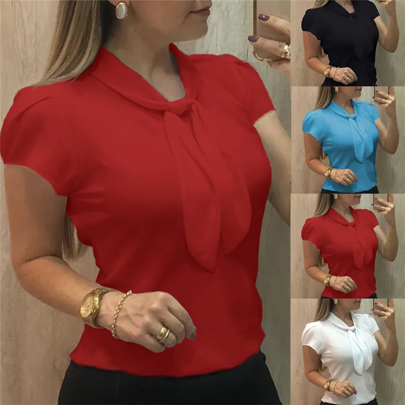 

Office Ladies Bow Shirt Women Casual Chiffon Blouse Short Sleeve Girl Summer Tops Female Plus Size Girl Clothing Plus size