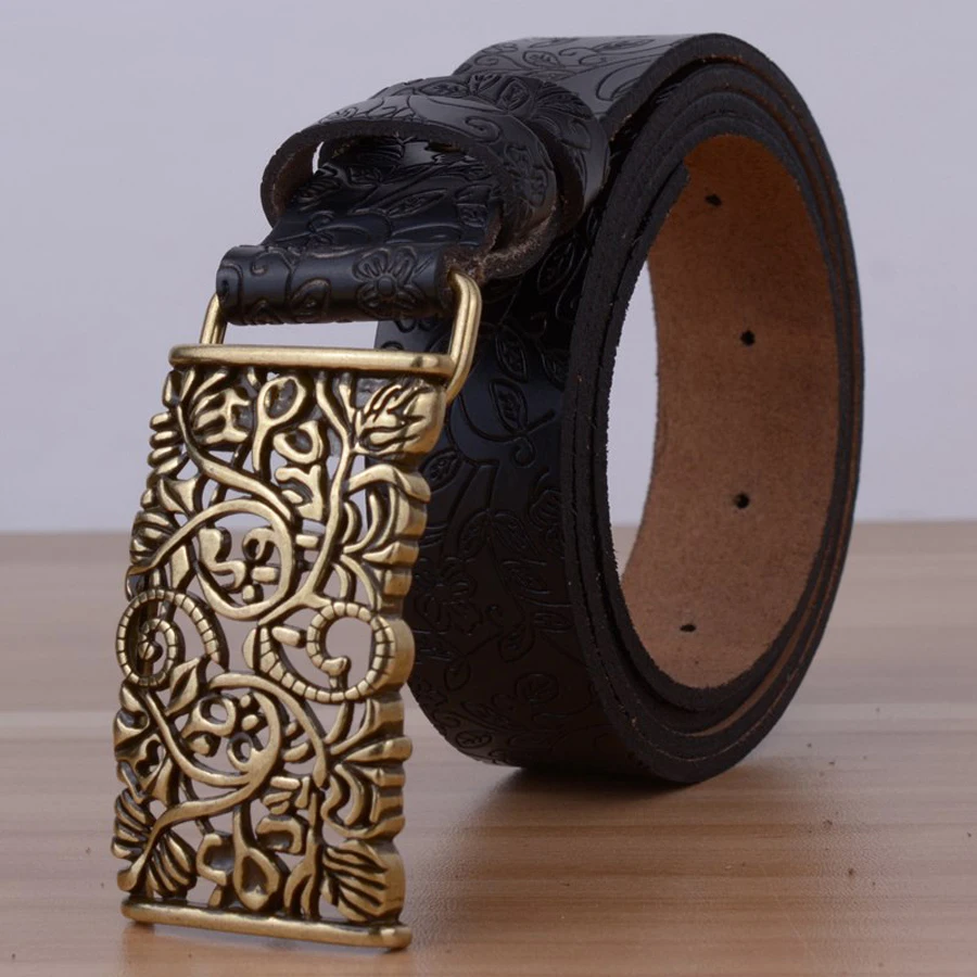 Buy Wide Genuine leather belts woman vintage Floral carved Cow skin belts women