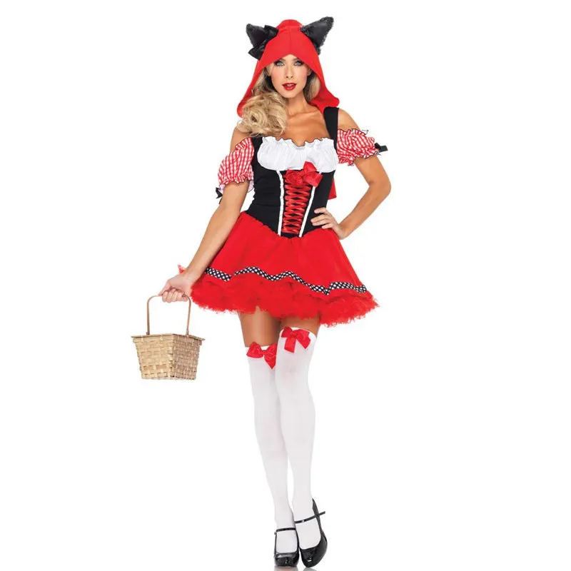 

Sexy Little Red Riding Hood Costume Halloween Dress Adult Women Festival Party Fancy Suit Fairy Tale Cosplay Fantasia With Hat