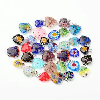 

Mixed Pattern Heart Handmade Millefiori Glass Pendants,with Brass Findings,Platinum,Mixed Color,17~25x14~20x4~6mm,Hole: 2~3x5mm
