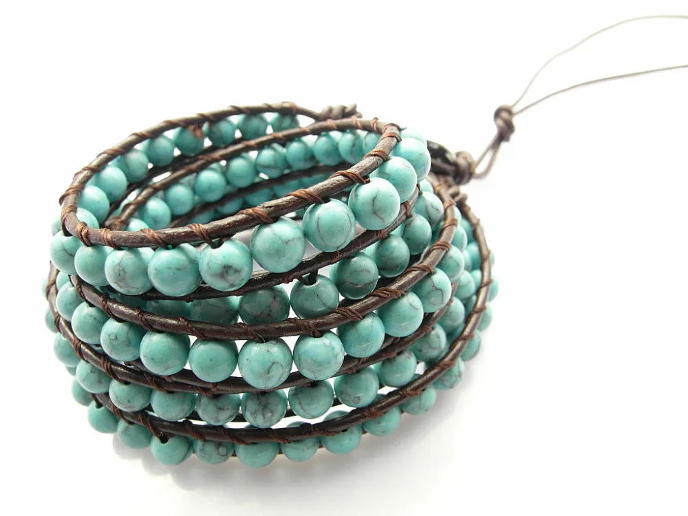 

6mm blue Natural stone bead wrap bracelet new design handmade wrap leather bracelet