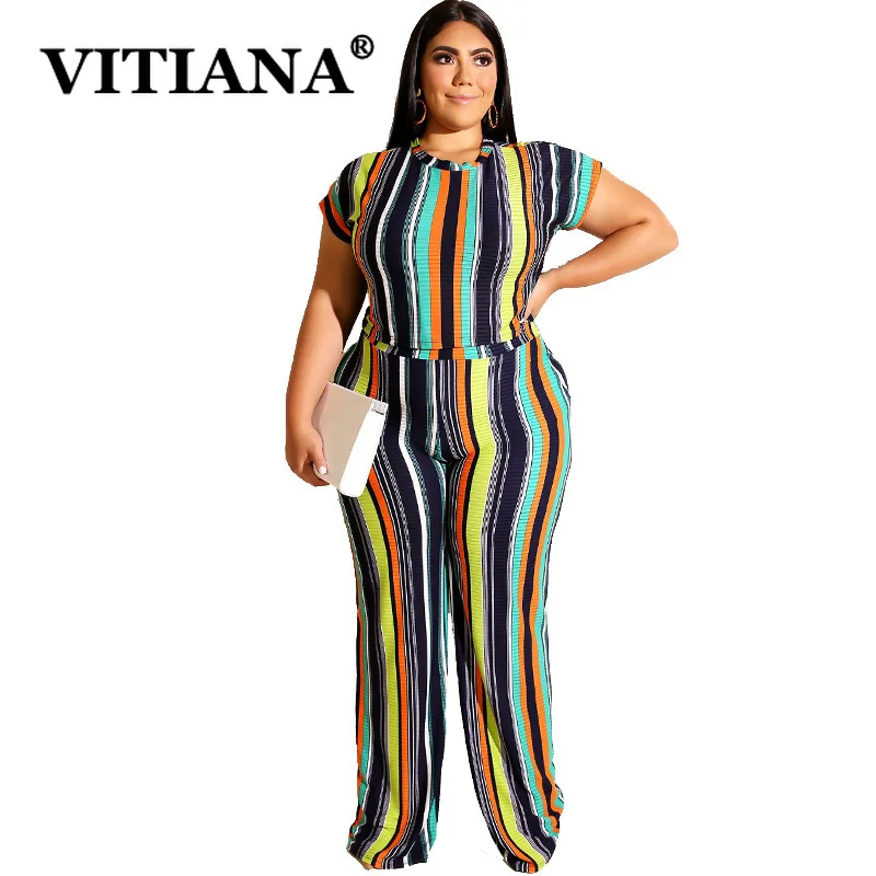 

VITIANA Women Plus Size Sexy Two Pieces Sets Summer 2019 Female Short Top Pants Elasticity Striped Streetwear Womens Outfits 5XL