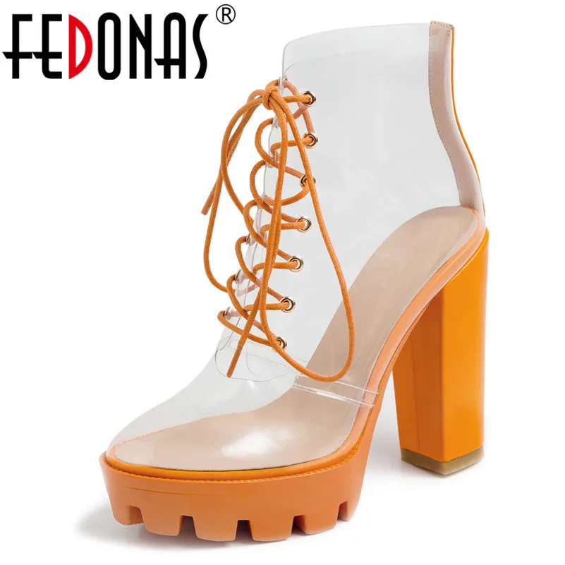 

FEDONAS 2019 Fashion Sxey Pu Leather Round Toe Women Ankle Boots Spring Summer New Lace Up Super High Heels Night Club Shoes