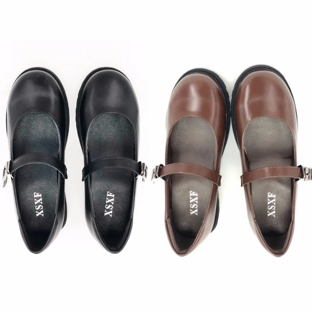 

Japanese School Students Uniform Shoes Uwabaki JK Round Toe Buckle Trap Women Girls Lolita Black Brown Cosplay Med Heels C03