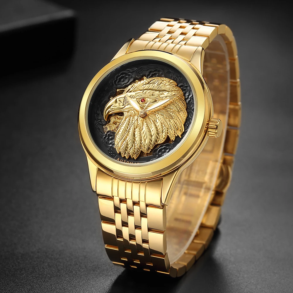 

2018 New Unique Golden Eagle 3D Carved Dials All Stainless Steel Men Skeleton Automatic Mechanical Watch Waterproof Sport Clock