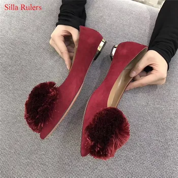 

New Fashion Big Hair Ball Gladiator Sandals Women Shoes Wine Red Suede Women Sandals Flat Casual Shoes Woman Sandalias Mujer