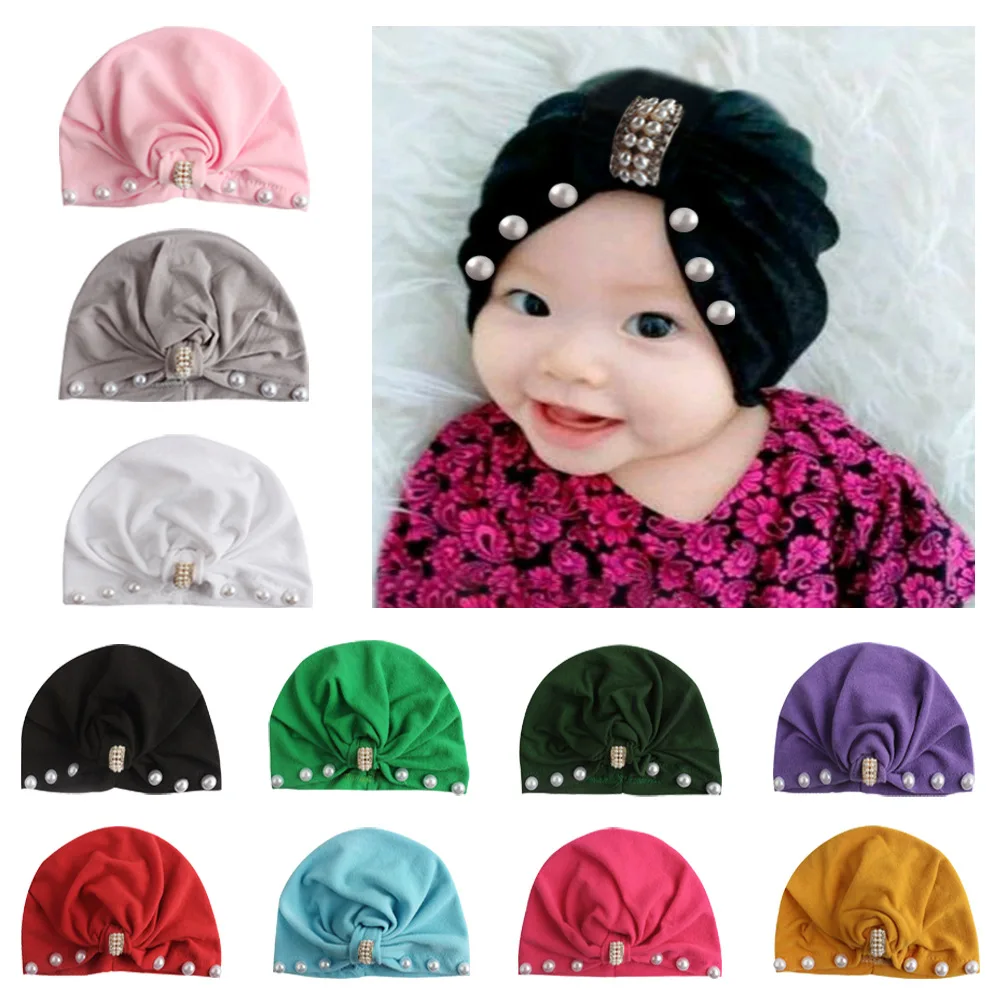 Yundfly Infant Newborn Caps with Pearl Rhinestone Kont Turban Girls Spandx Stretchy Beanie Hat Headwear Baby Hair Accessories