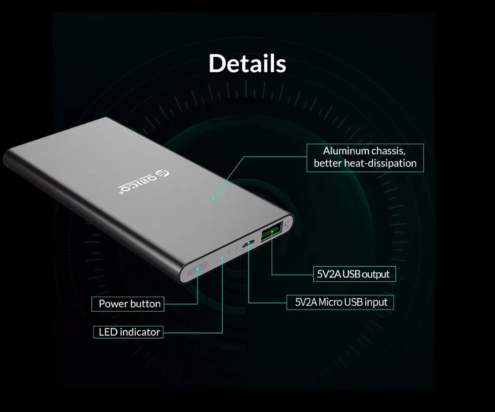 ORICO FIREFLY 5000 мАч Внешний аккумулятор 5V2A 10 Вт макс ультра-тонкий внешний аккумулятор для samsung Xiaomi huawei