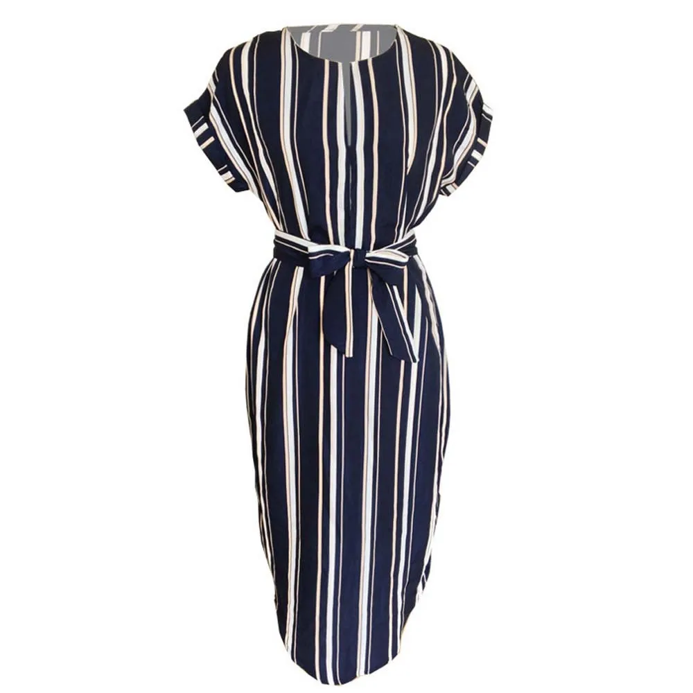 

Women Casual Dress Stripes Dress Short Sleeve Irregularly Forked Dress With Belt