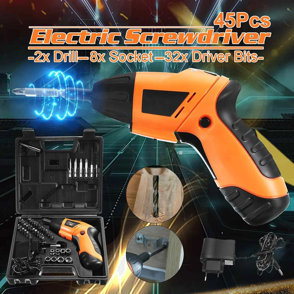 

45 Pieces 4.8V Cordless Screwdriver Drill Driver Set Rechargeable Electric Drill Carbon Steel