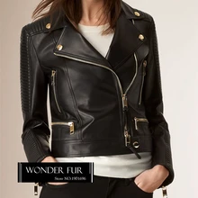 Одежда высшего качества из овечьей кожи куртка для Для женщин Мода Дизайн отложным воротником в стиле панк настоящие кожаные пальто с карманами на молнии