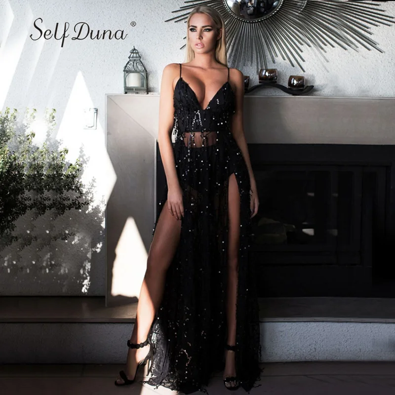 Auto Duna 2018 Donne Vestito di Paillette Oro Nero Lungo Abito Trasparente  Con Scollo A V Split Maxi Spaghetti Strap Backless Sexy Vestito|Dresses| -  AliExpress