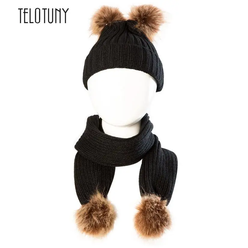 

TELOTUNY Winter Baby Knit Hat Cute Solid Pattern Boy Girl Kids Warm Hat Cap + Scarf Fit for 0-36 month old baby de28