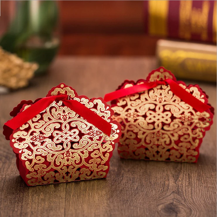 

High Quality Red Candy Box Favor Box embellished Golden Paillette With Ribbon Laser Box 92*32*105mm Wedding Box Birthday Box