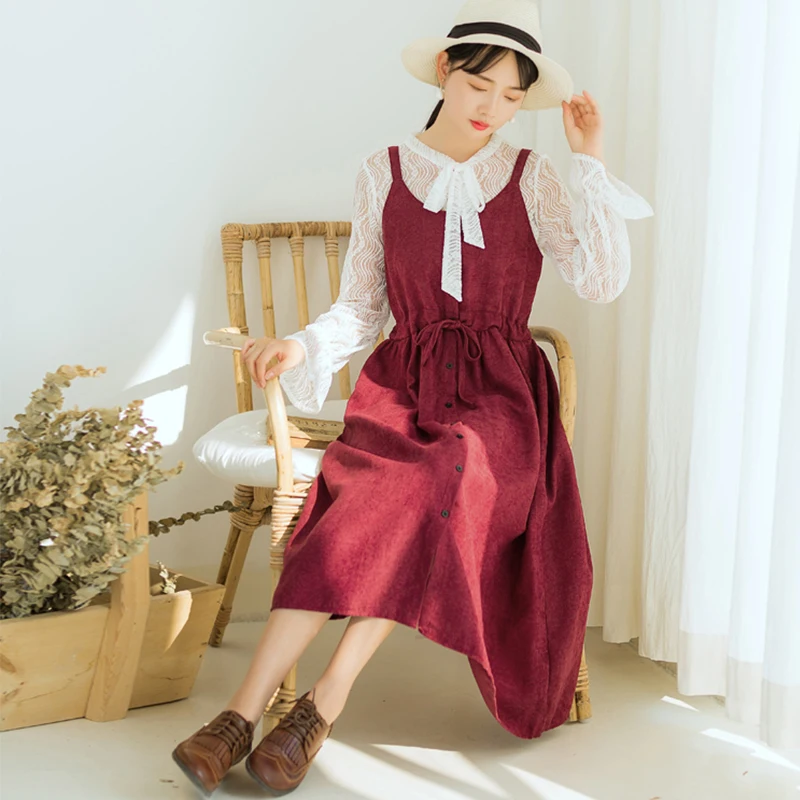 Japanese Vintage Women Strap Long Dresses 2018 Korean Fashion Corduroy