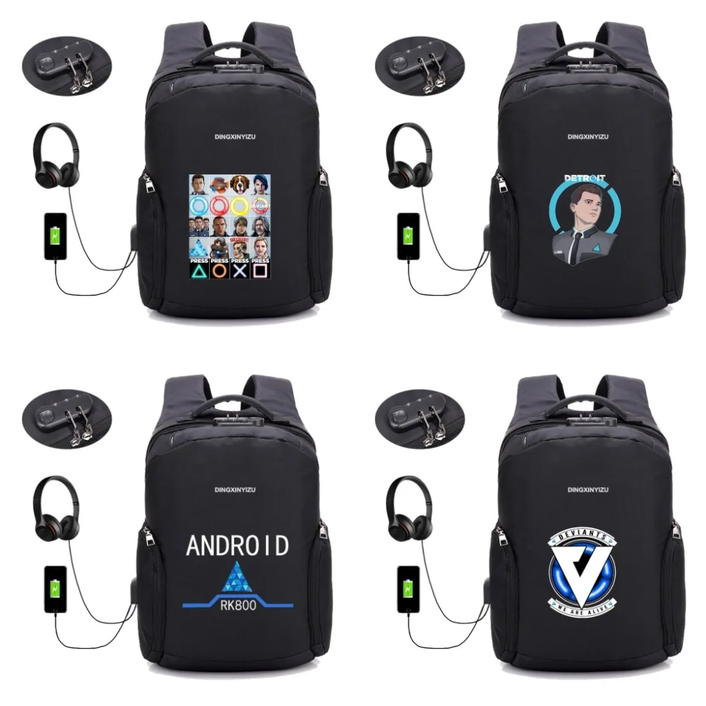 Игровой Детройт стать человеком рюкзак USB зарядка плечо рюкзак для студентов Мужчины Женщины противоугонные дорожная сумка для ноутбука