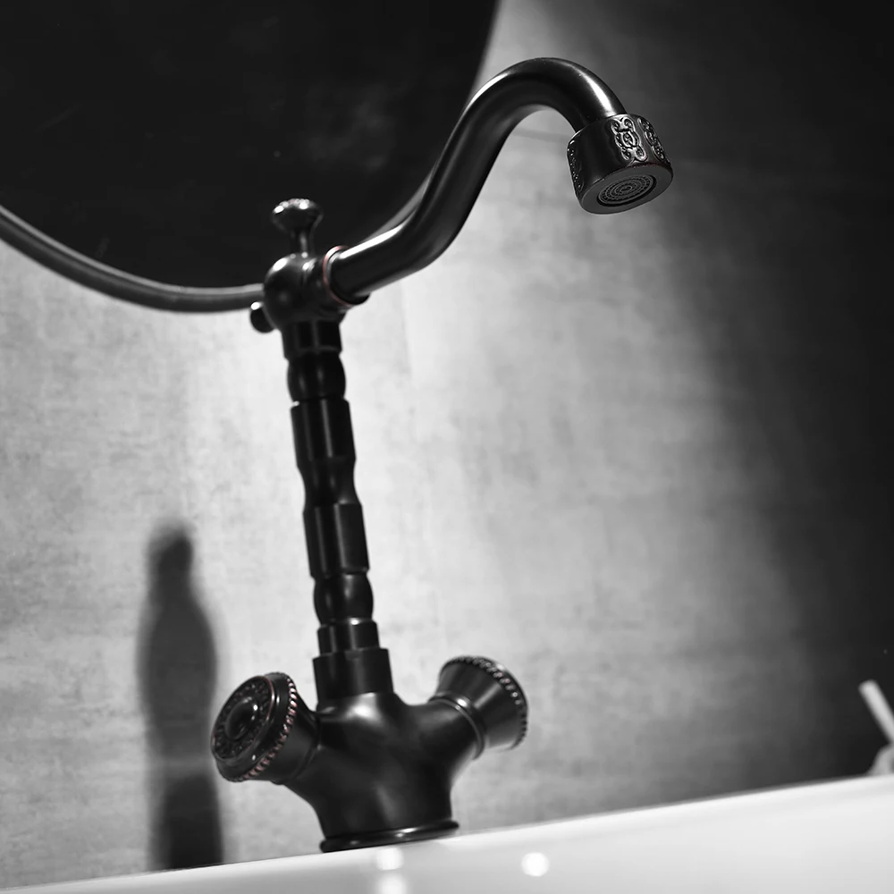 حوض الحنفيات أسود النهاية العتيقة النحاس مزدوجة نحت مقبض الحمام بالوعة صنبور طويل القامة قطب صنبور Bathbasin الغرور صنبور حوض خلاط