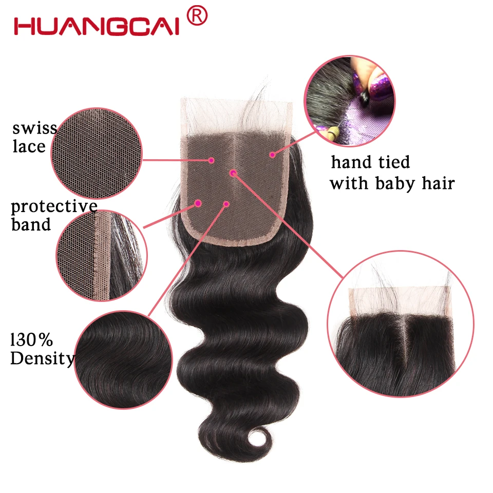Huangcai бразильские волосы с закрытием объемная волна 3 Связки с закрытием человеческих волос пучки с закрытием не Реми 4 штуки в партии