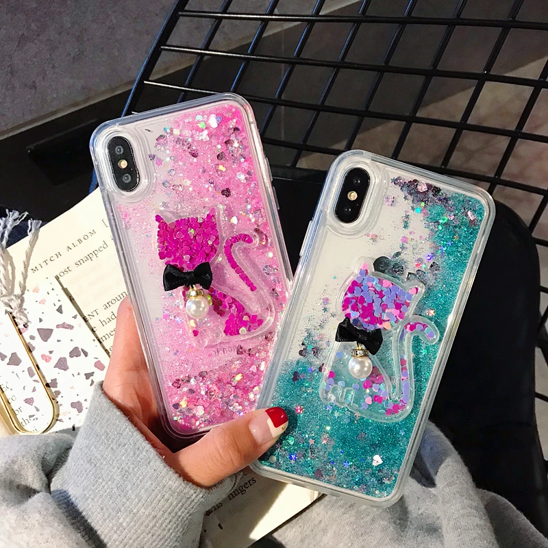 pink blue Dynamic Liquid Case Quicksand Fun cat phone For Apple iphone 6 6s 7 8 Plus X XS XR MAX |
