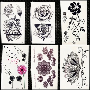 

Henna Flower Rose Temporary Tattoo Geometric Pencil Sketch Girl Clavicle Club Tattoo Stickers Women Chest Black Fake Tatoo Decal