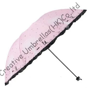 

Imitation paradise ,three fold, lacing fringe,hand open,windproof,sunscreen,UV protecting,black coating,lovers parasols