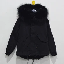Бренд MeiFng черная зимняя женская куртка из искусственного меха с большим капюшоном из натурального меха енота