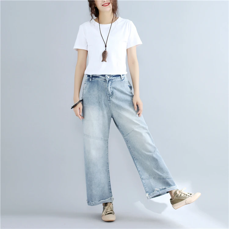 Pantalon femme; большие размеры; женские джинсовые брюки; отбеленные свободные мягкие брюки с эластичной резинкой на талии; широкие брюки; AH562