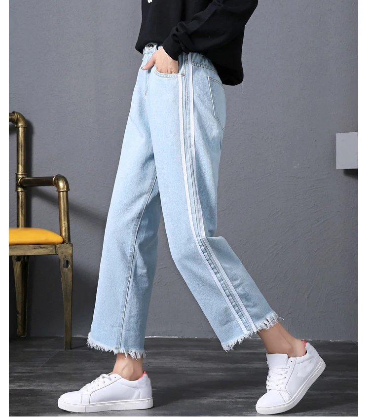 Зима, Стрейчевые джинсы для женщин в стиле бойфренд, высокая талия, джинсы для мам, широкие штанины, женские штаны, боковые полосы, деним, обтягивающие джинсы для женщин